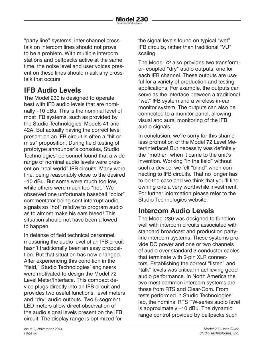 Ifb audio levels, Intercom audio levels | Studio Technologies 230 2014 User Manual | Page 36 / 51