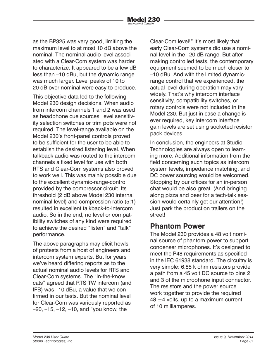 Phantom power | Studio Technologies 230 2014 User Manual | Page 37 / 51