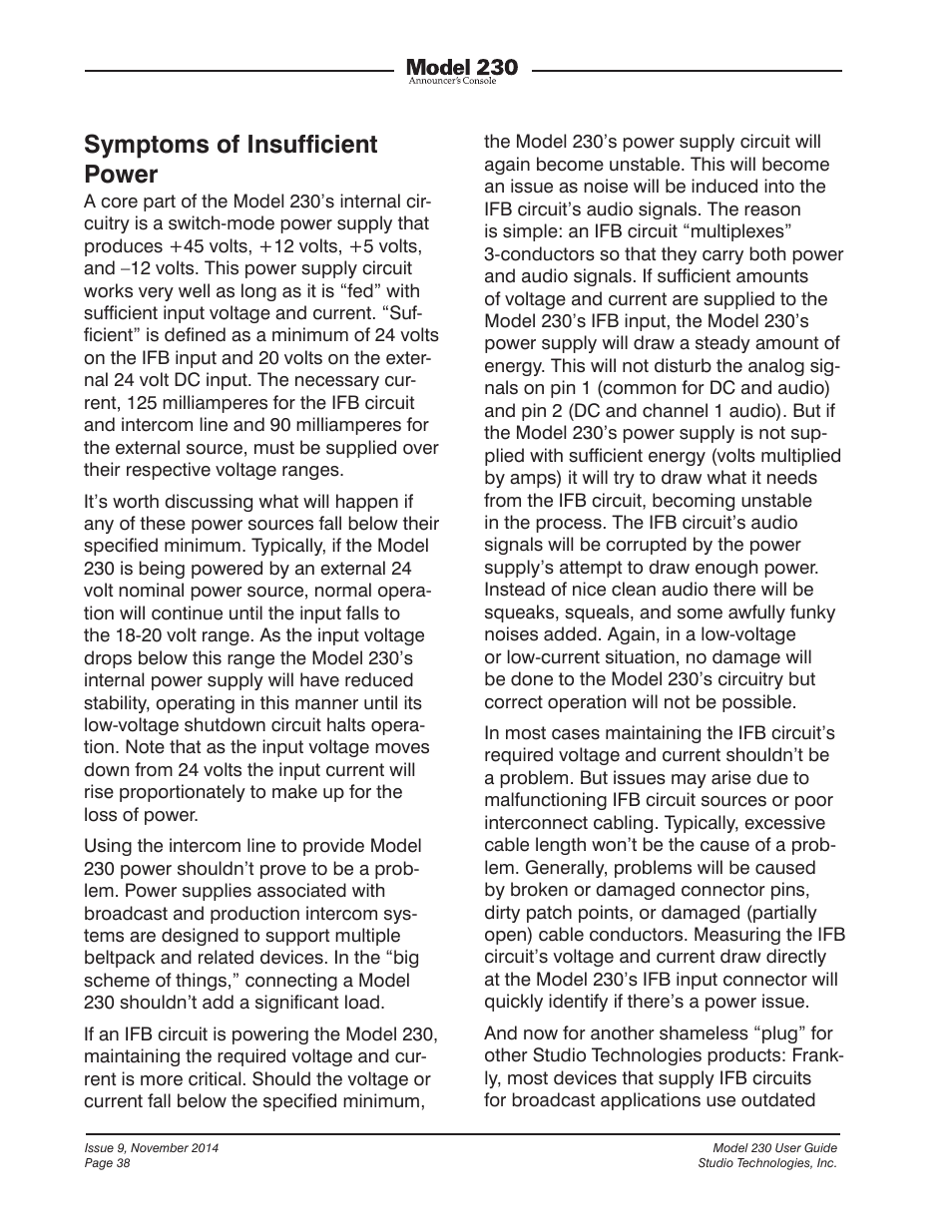 Symptoms of insufﬁcient power | Studio Technologies 230 2014 User Manual | Page 38 / 51