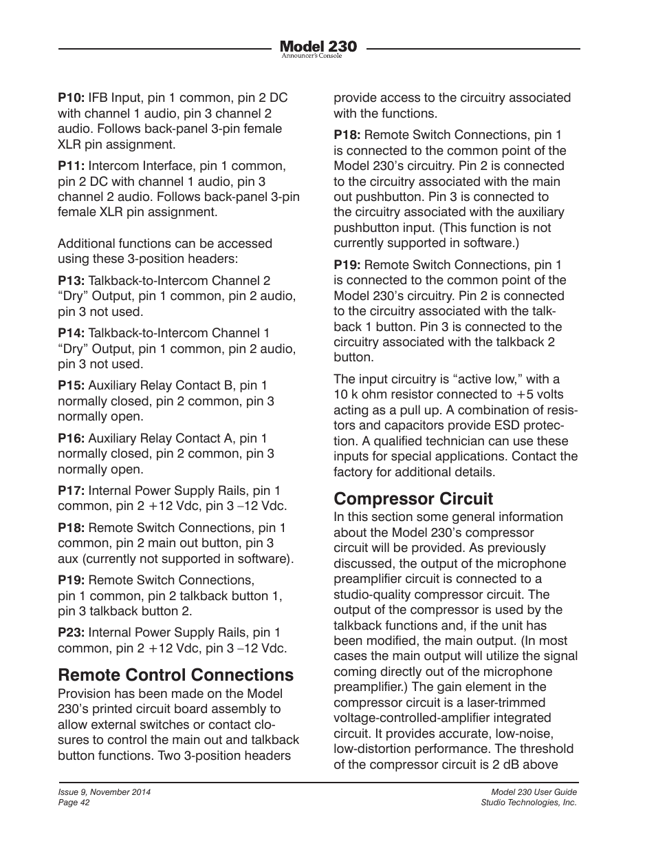 Remote control connections, Compressor circuit | Studio Technologies 230 2014 User Manual | Page 42 / 51