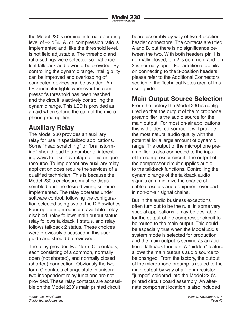 Auxiliary relay, Main output source selection | Studio Technologies 230 2014 User Manual | Page 43 / 51