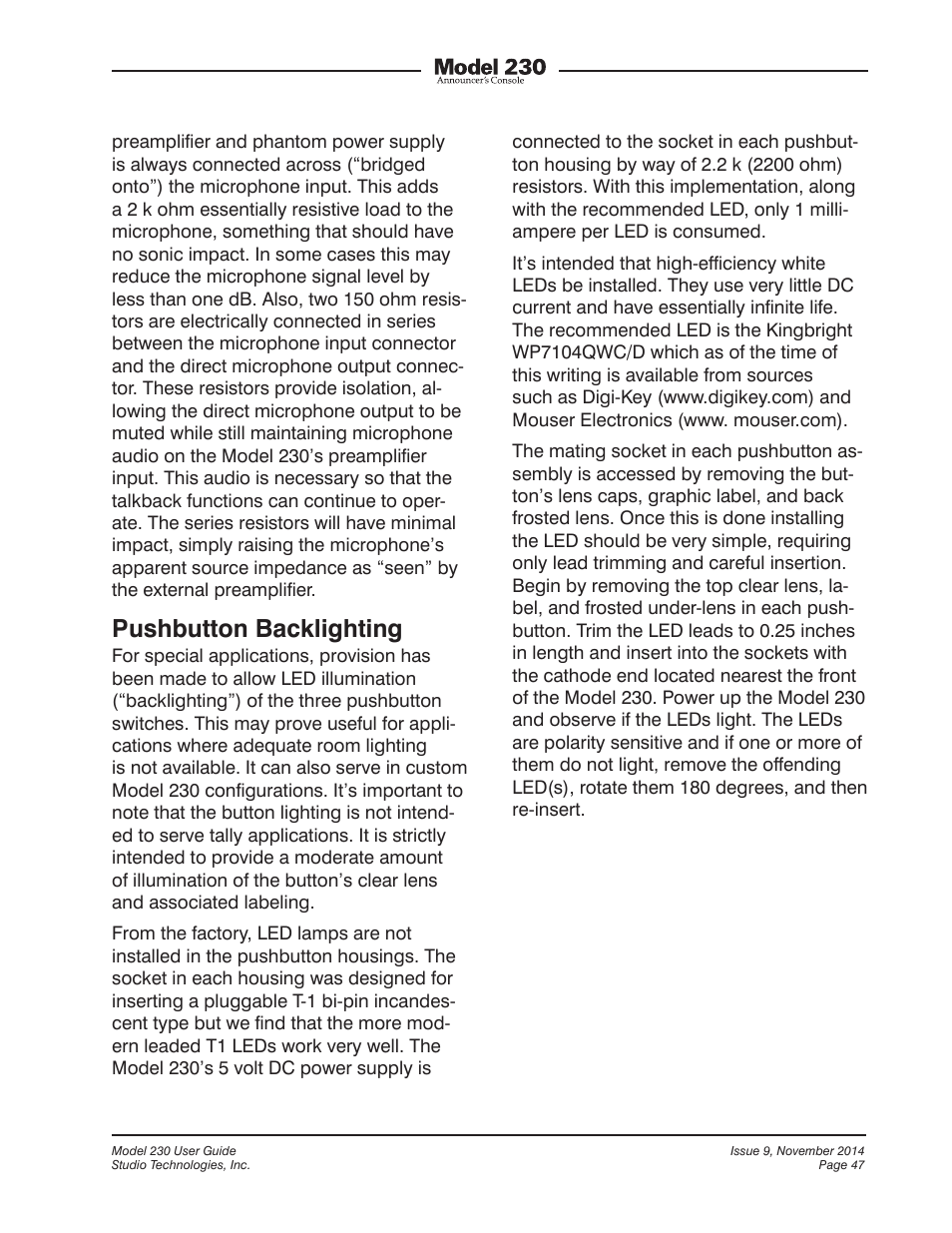 Pushbutton backlighting | Studio Technologies 230 2014 User Manual | Page 47 / 51