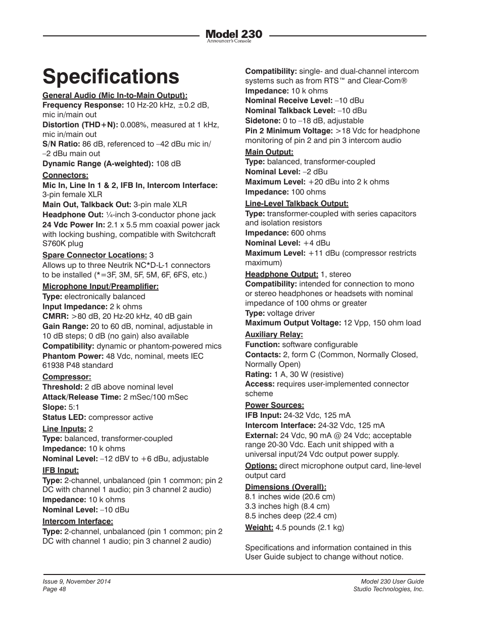 Specifications, Speciﬁcations | Studio Technologies 230 2014 User Manual | Page 48 / 51