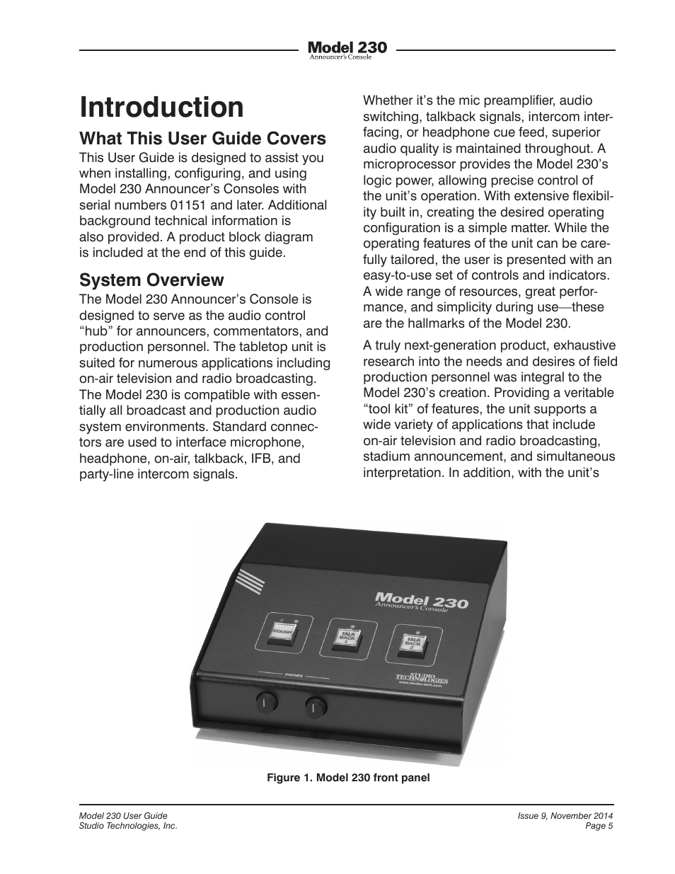 Introduction, What this user guide covers, System overview | Studio Technologies 230 2014 User Manual | Page 5 / 51