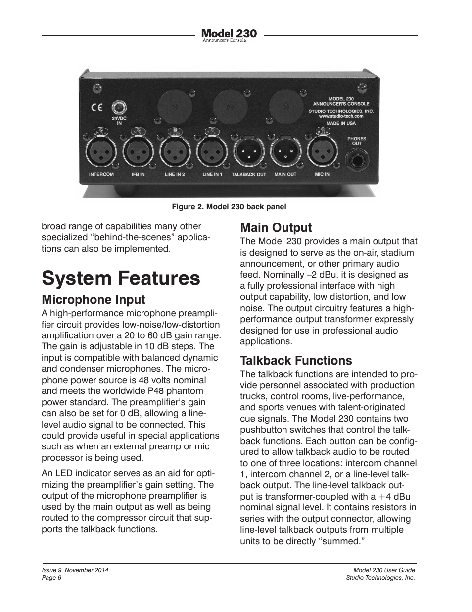 System features, Microphone input, Main output | Talkback functions | Studio Technologies 230 2014 User Manual | Page 6 / 51