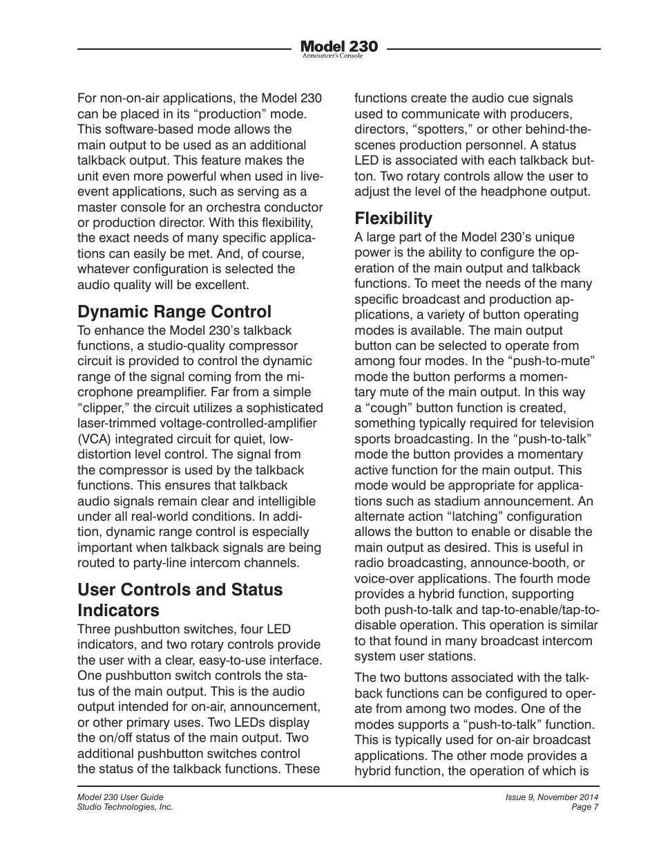 Dynamic range control, User controls and status indicators, Flexibility | Studio Technologies 230 2014 User Manual | Page 7 / 51