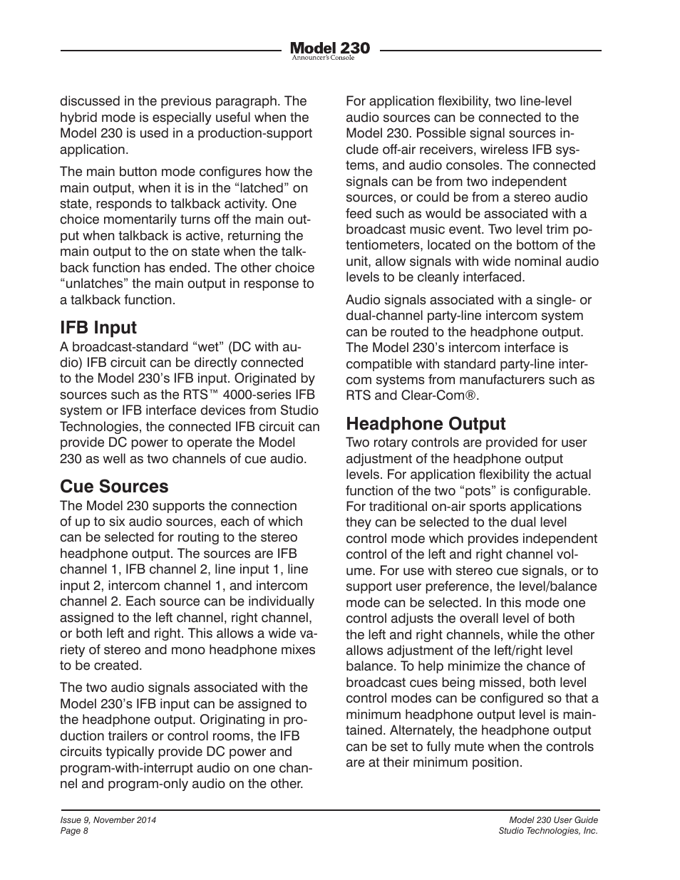 Ifb input, Cue sources, Headphone output | Studio Technologies 230 2014 User Manual | Page 8 / 51