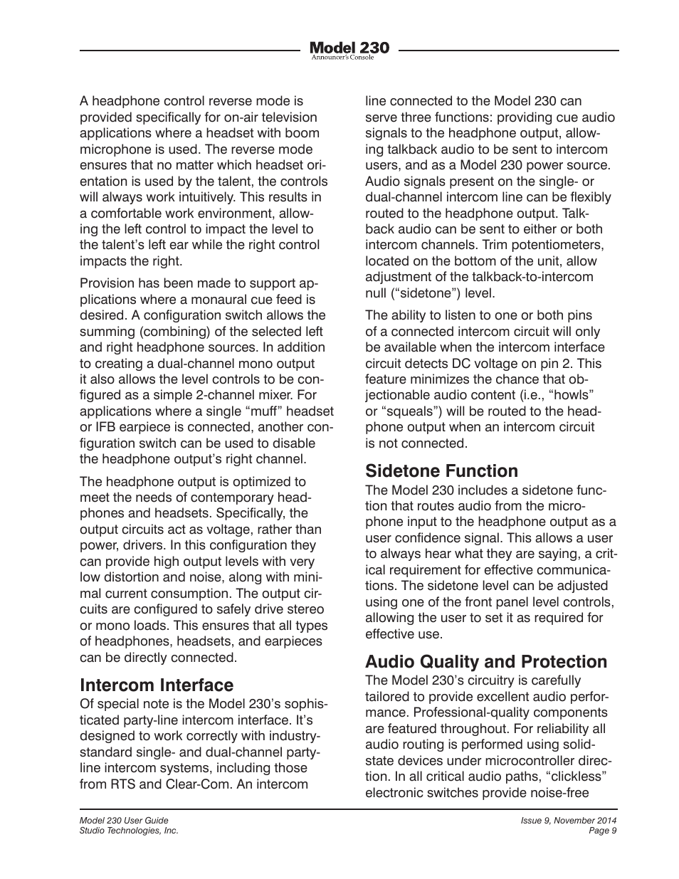 Intercom interface, Sidetone function, Audio quality and protection | Studio Technologies 230 2014 User Manual | Page 9 / 51