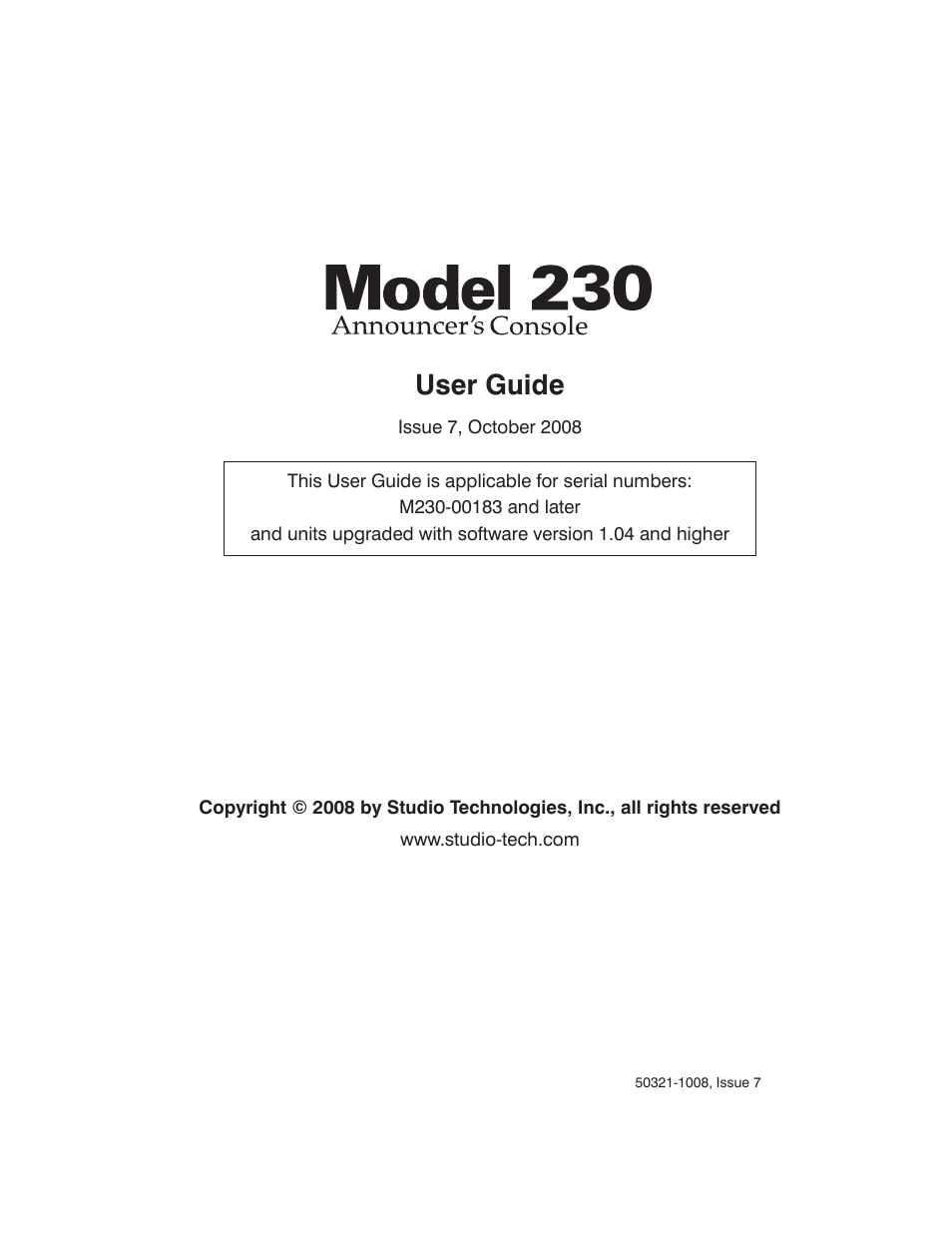 Studio Technologies 230 2008 User Manual | 55 pages