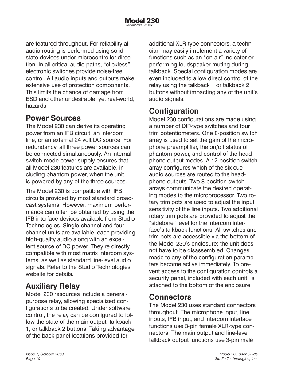 Power sources, Auxiliary relay, Conﬁguration | Connectors | Studio Technologies 230 2008 User Manual | Page 10 / 55