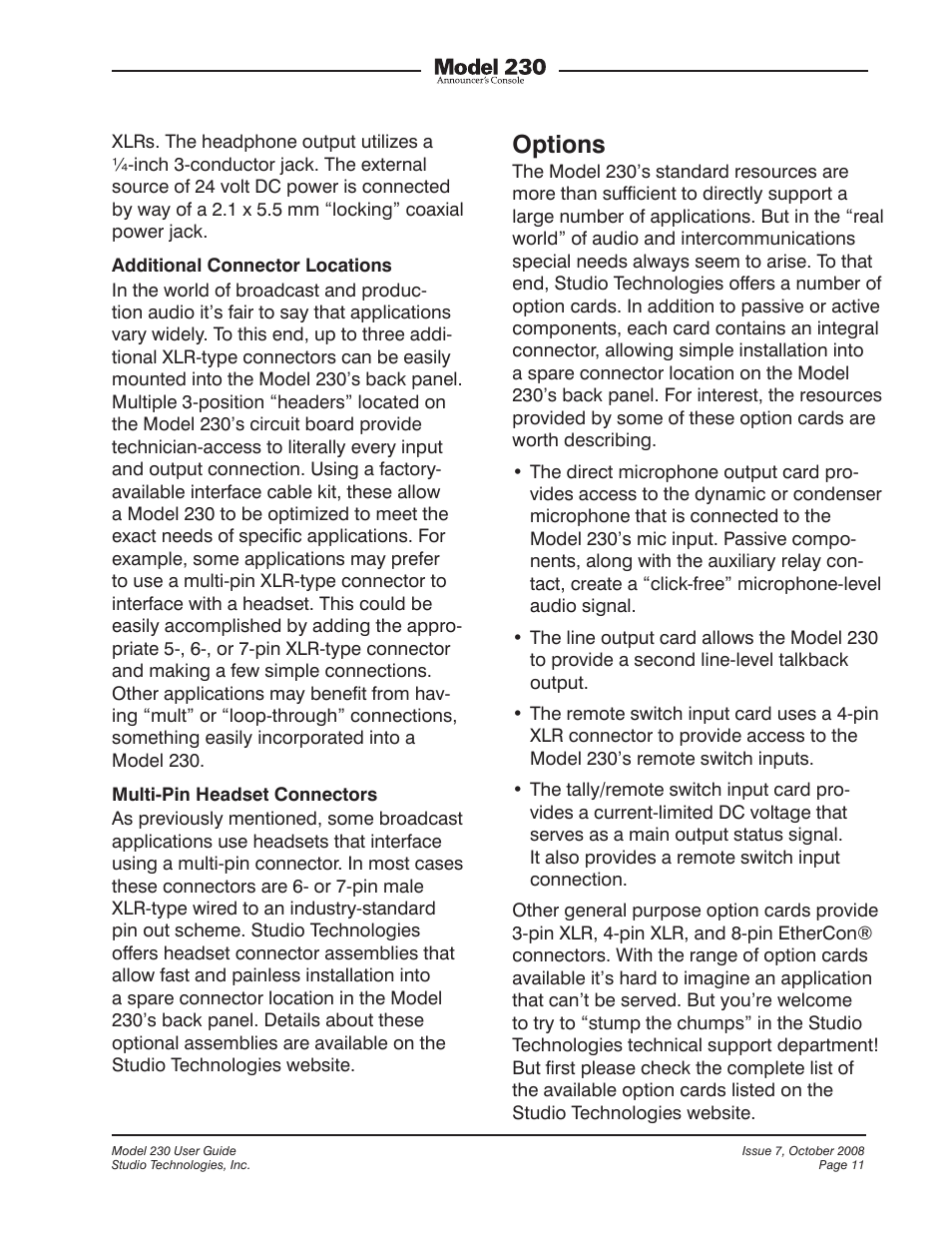 Options | Studio Technologies 230 2008 User Manual | Page 11 / 55