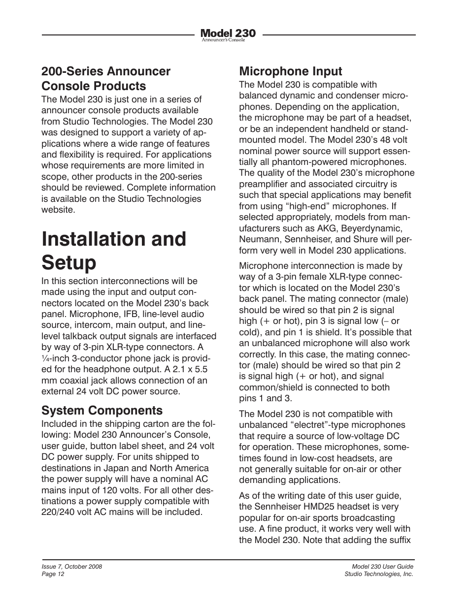 Installation and setup, Series announcer console products, System components | Microphone input | Studio Technologies 230 2008 User Manual | Page 12 / 55