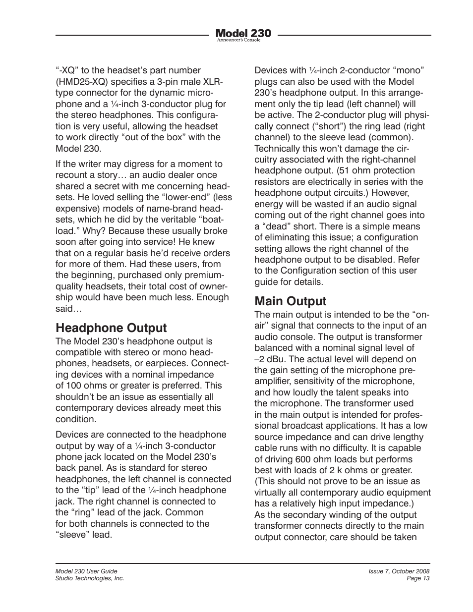 Headphone output, Main output | Studio Technologies 230 2008 User Manual | Page 13 / 55