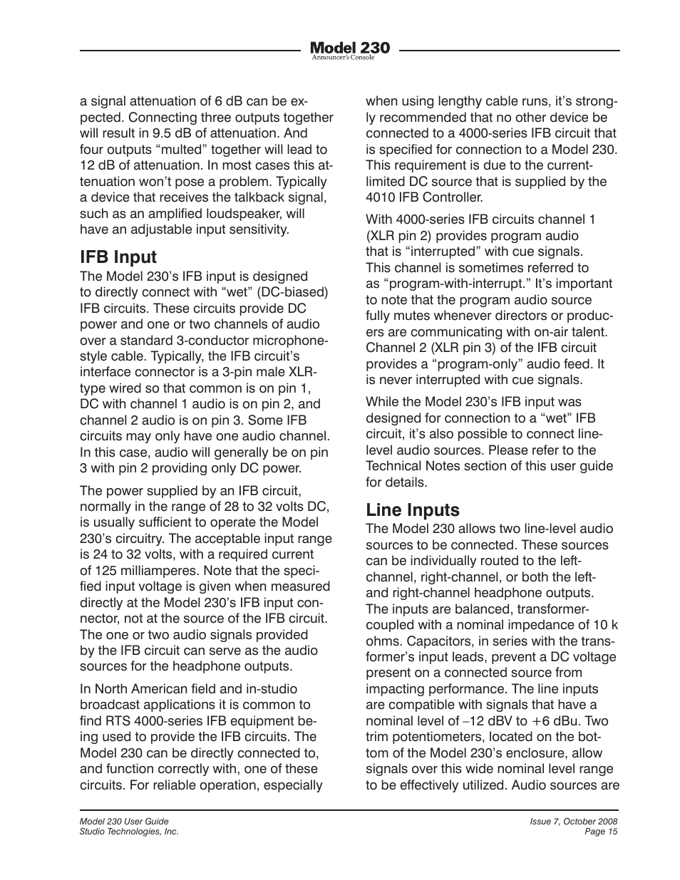 Ifb input, Line inputs | Studio Technologies 230 2008 User Manual | Page 15 / 55