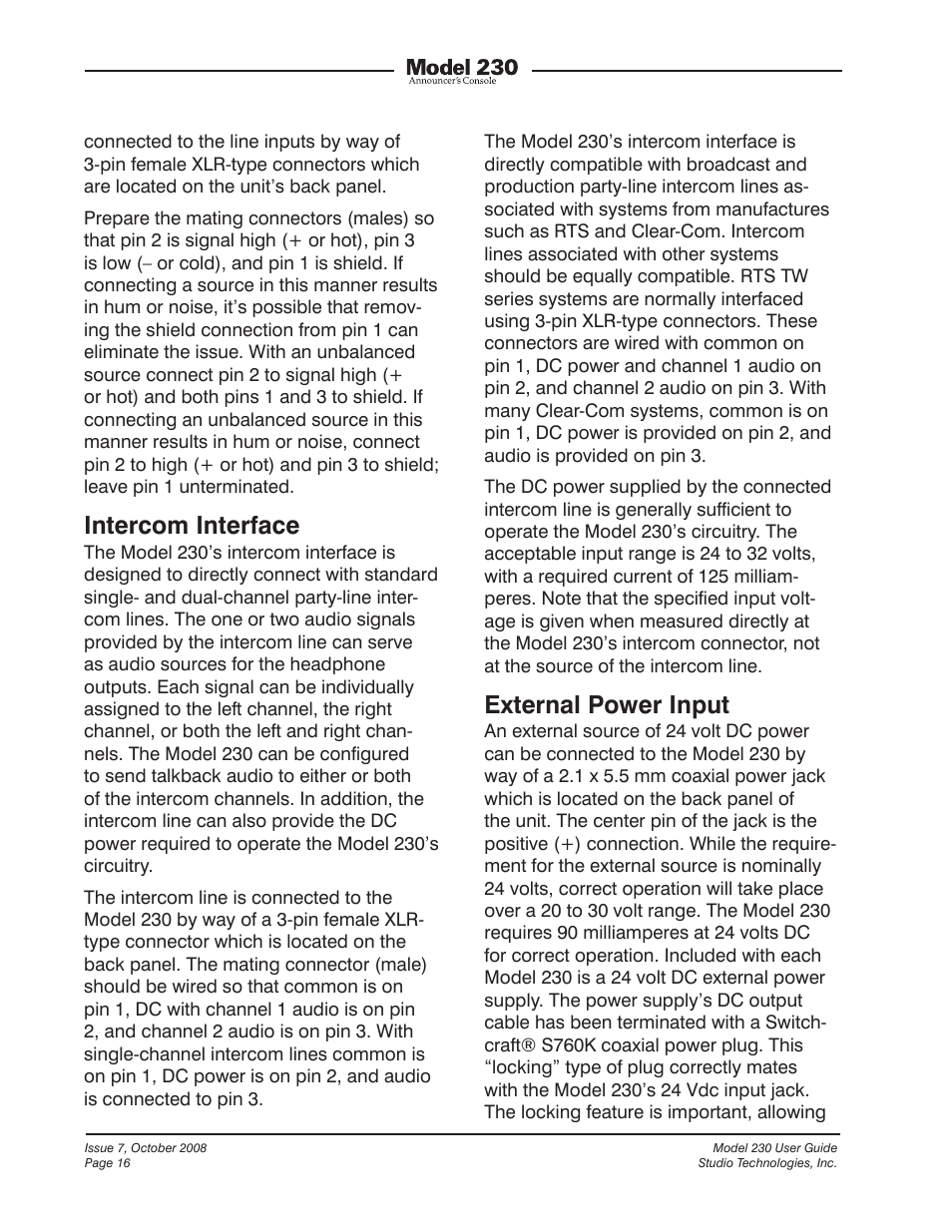 Intercom interface, External power input | Studio Technologies 230 2008 User Manual | Page 16 / 55