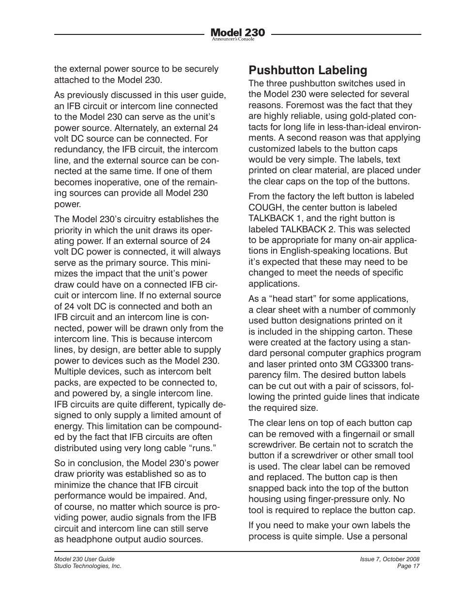 Pushbutton labeling | Studio Technologies 230 2008 User Manual | Page 17 / 55