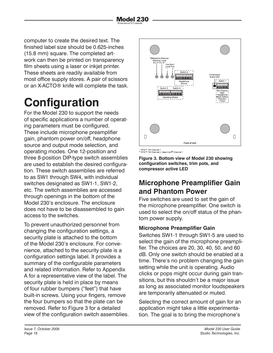 Configuration, Conﬁguration, Microphone preampliﬁer gain and phantom power | Studio Technologies 230 2008 User Manual | Page 18 / 55