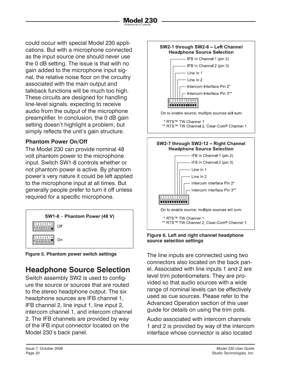 Headphone source selection | Studio Technologies 230 2008 User Manual | Page 20 / 55