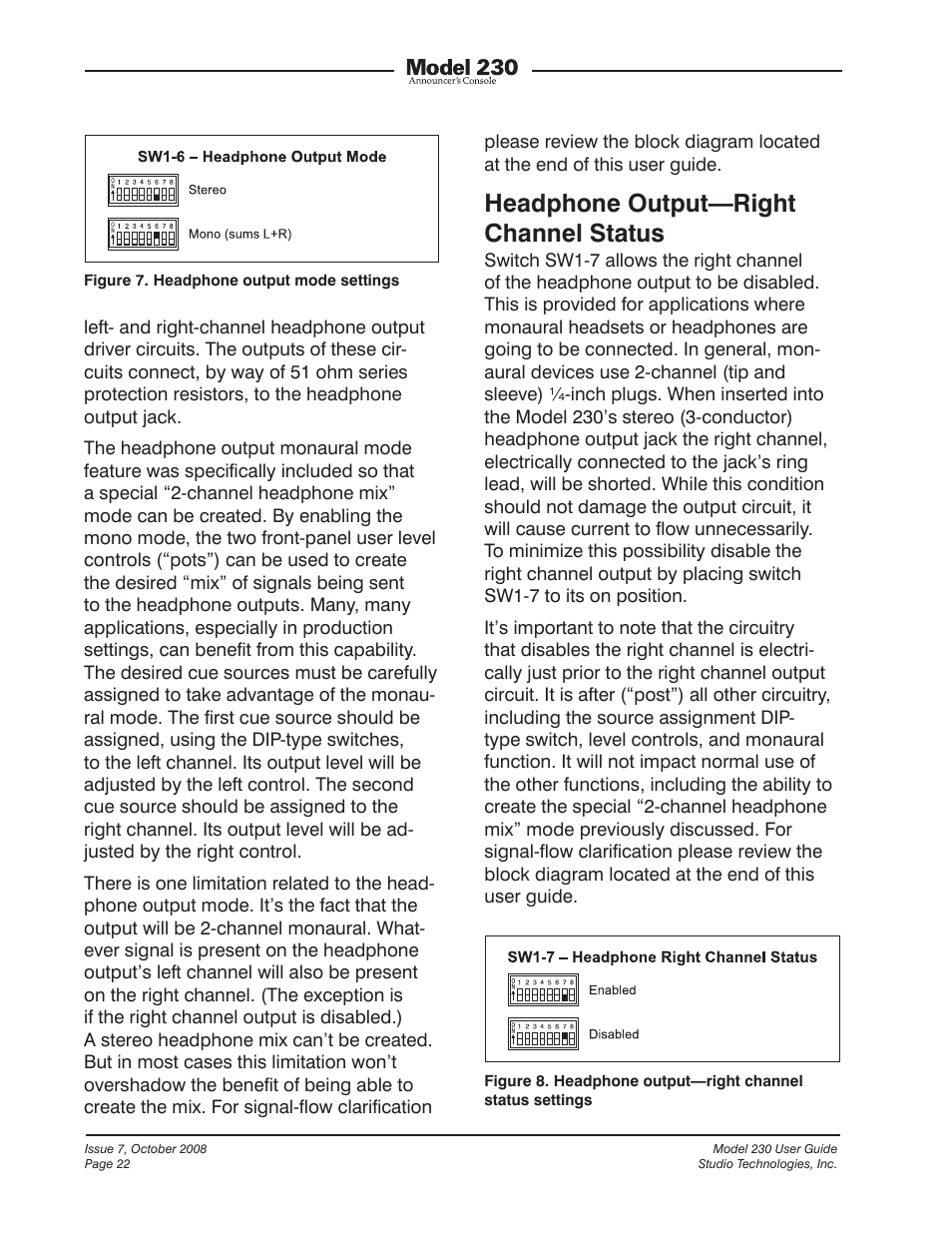 Headphone output—right channel status | Studio Technologies 230 2008 User Manual | Page 22 / 55