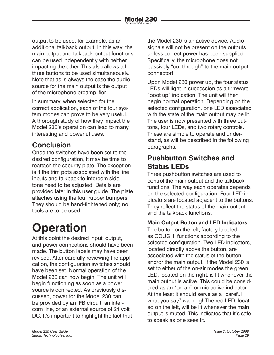 Operation, Conclusion, Pushbutton switches and status leds | Studio Technologies 230 2008 User Manual | Page 29 / 55