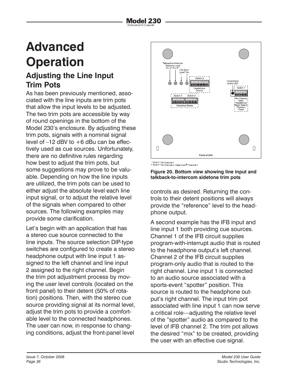 Advanced operation, Adjusting the line input trim pots | Studio Technologies 230 2008 User Manual | Page 36 / 55