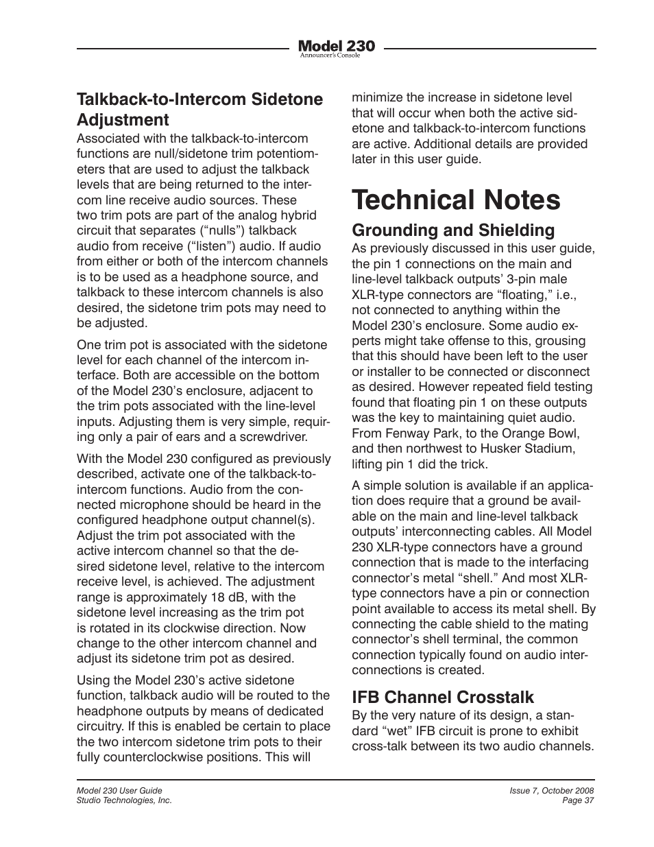 Technical notes, Talkback-to-intercom sidetone adjustment, Grounding and shielding | Ifb channel crosstalk | Studio Technologies 230 2008 User Manual | Page 37 / 55