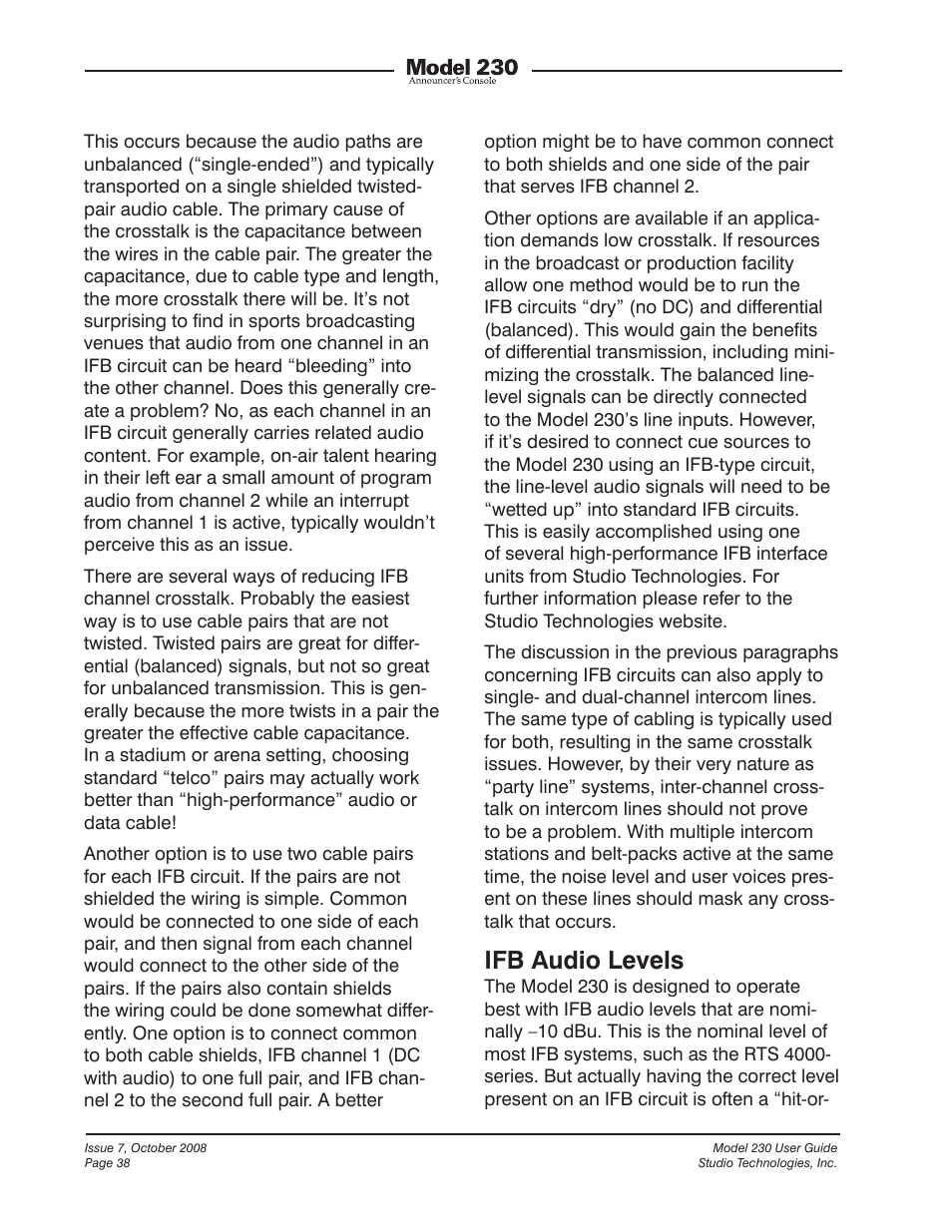 Ifb audio levels | Studio Technologies 230 2008 User Manual | Page 38 / 55