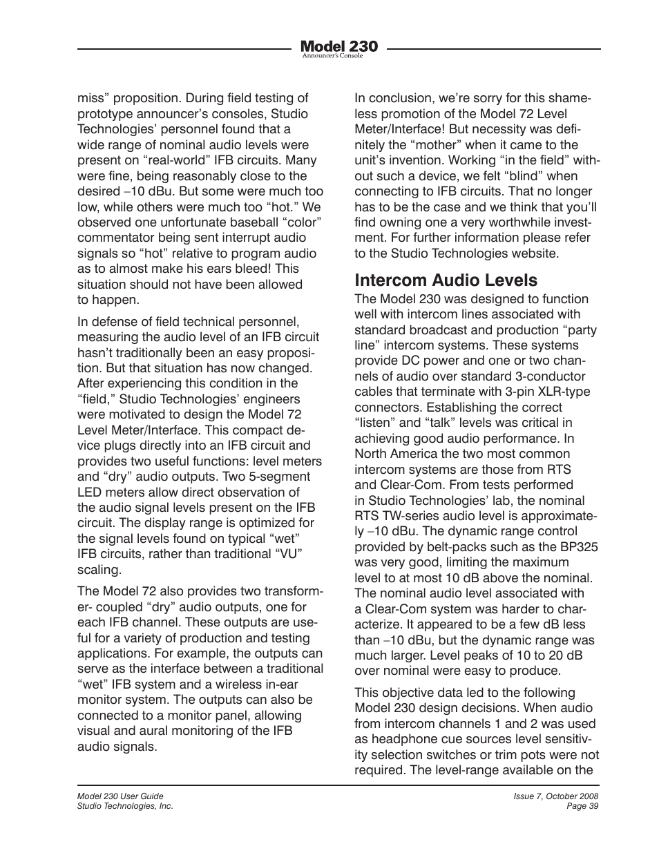 Intercom audio levels | Studio Technologies 230 2008 User Manual | Page 39 / 55