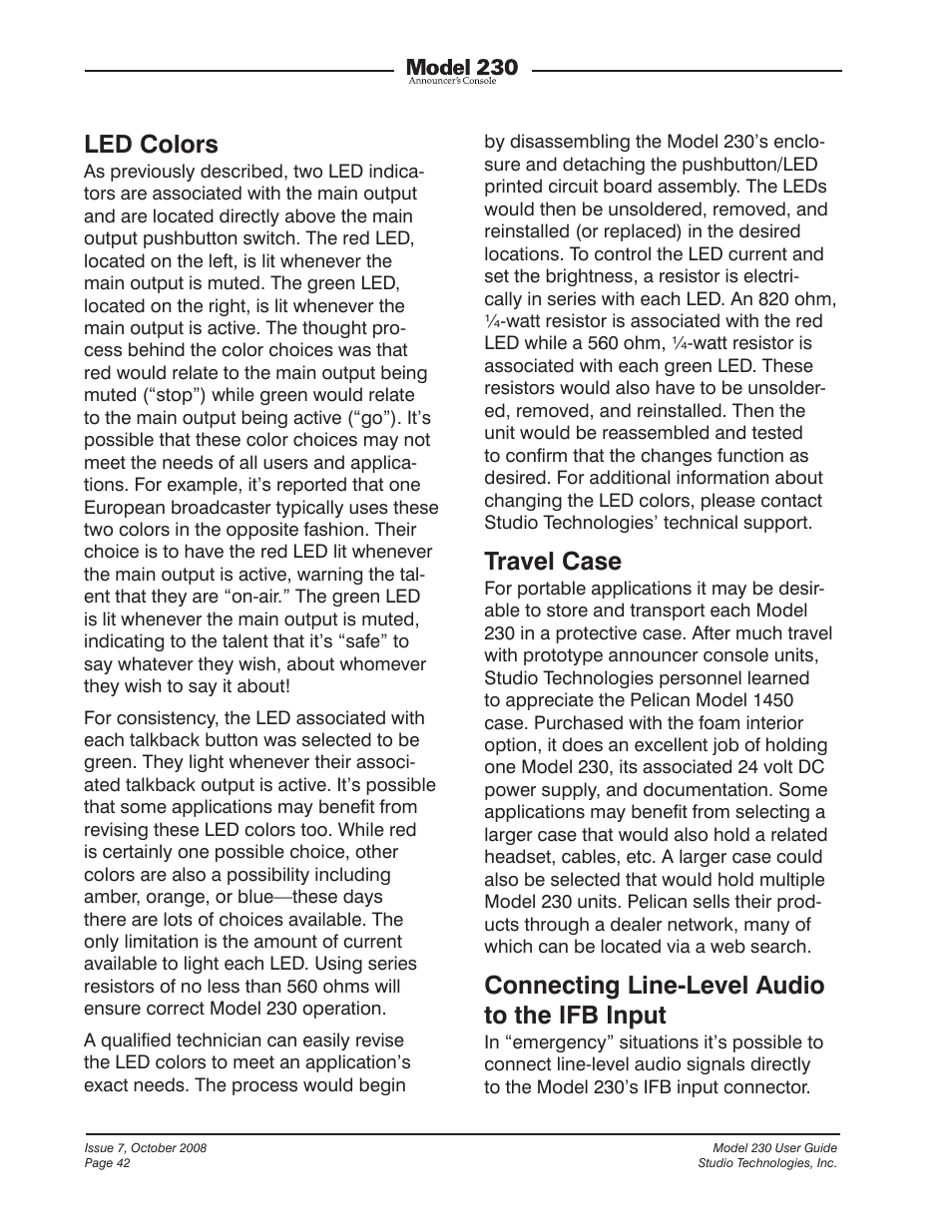 Led colors, Travel case, Connecting line-level audio to the ifb input | Studio Technologies 230 2008 User Manual | Page 42 / 55