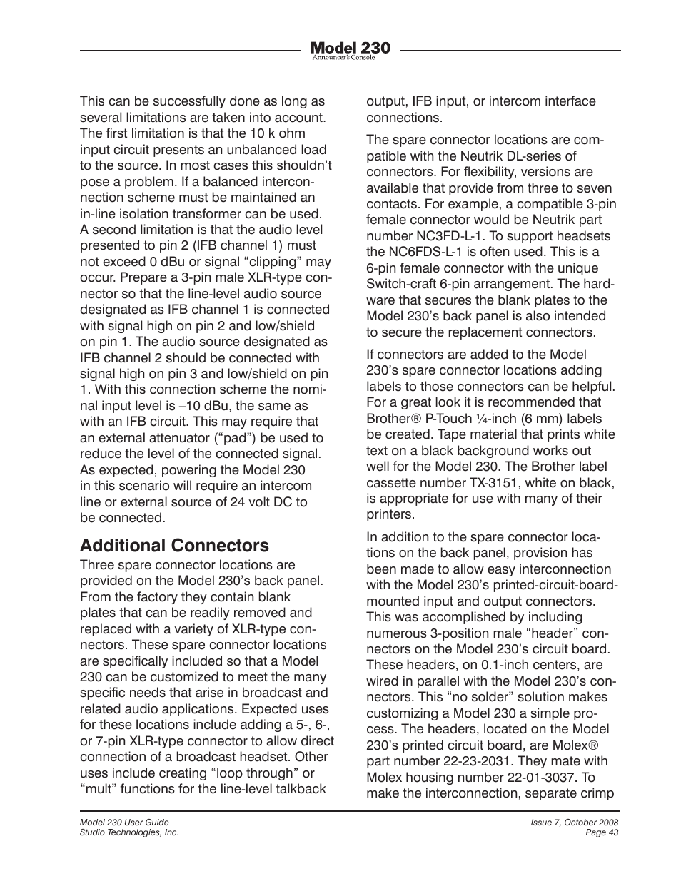 Additional connectors | Studio Technologies 230 2008 User Manual | Page 43 / 55