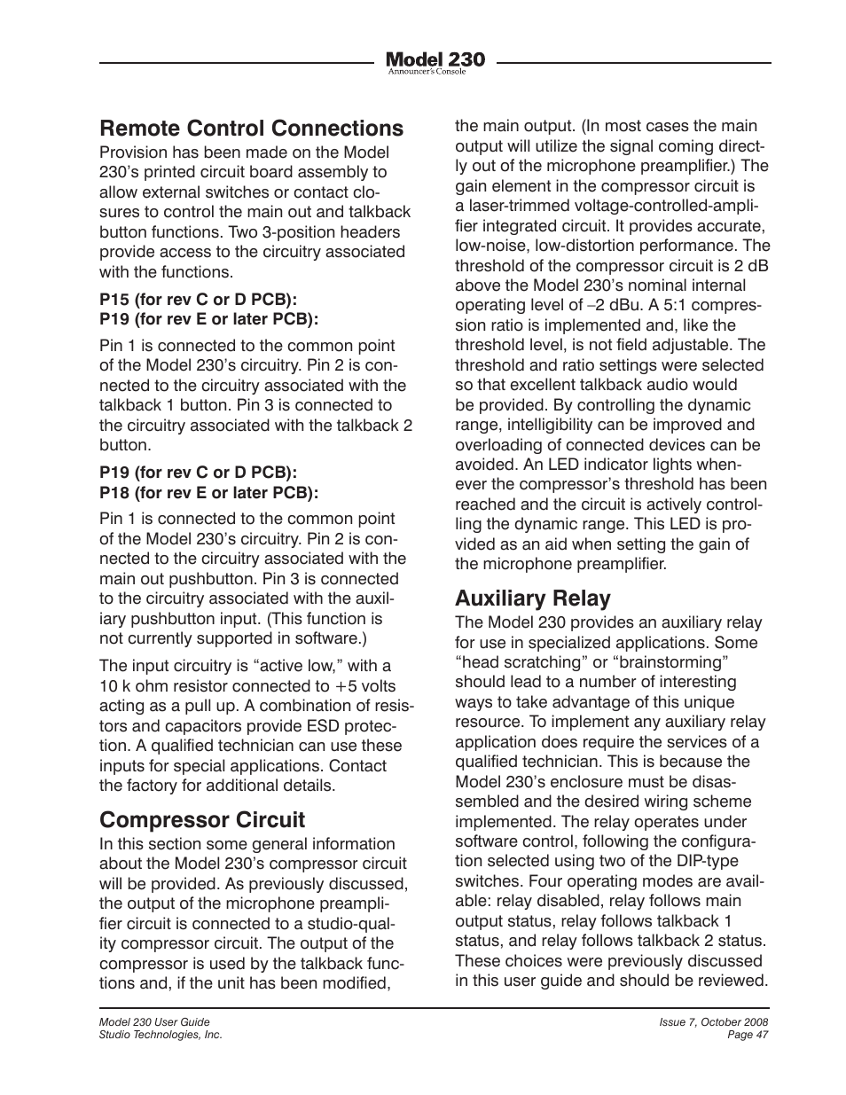 Remote control connections, Compressor circuit, Auxiliary relay | Studio Technologies 230 2008 User Manual | Page 47 / 55