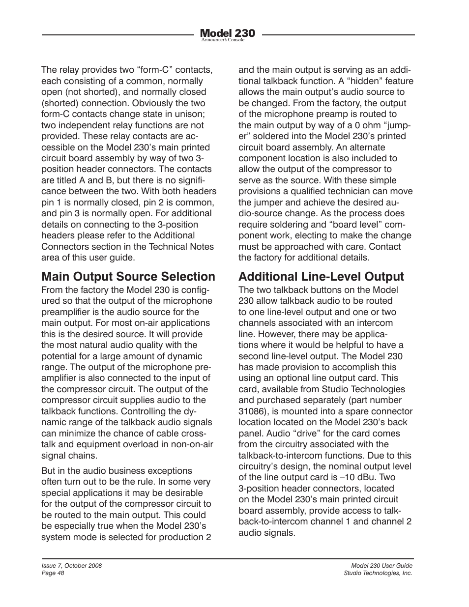 Main output source selection, Additional line-level output | Studio Technologies 230 2008 User Manual | Page 48 / 55