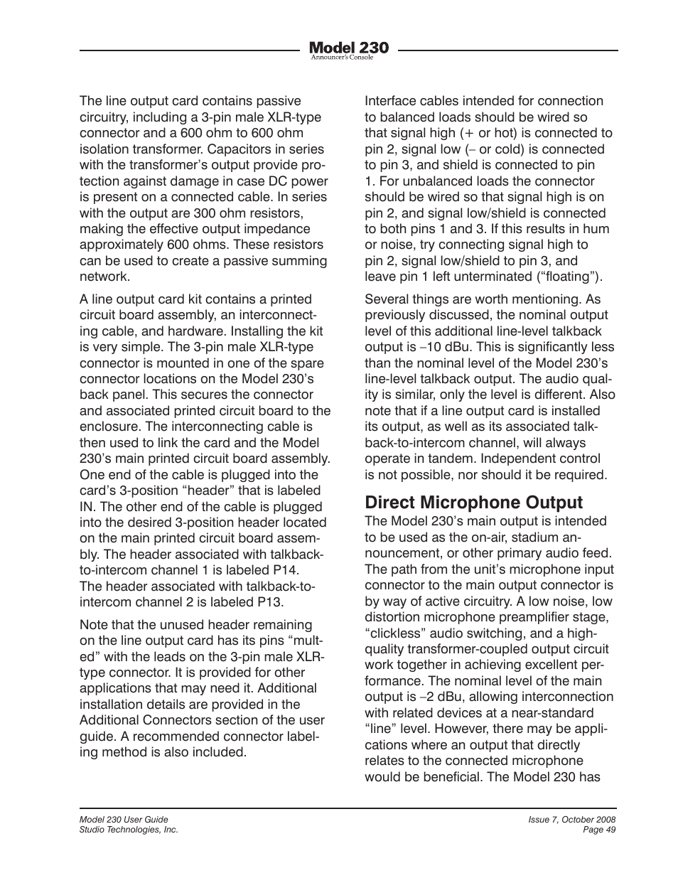 Direct microphone output | Studio Technologies 230 2008 User Manual | Page 49 / 55