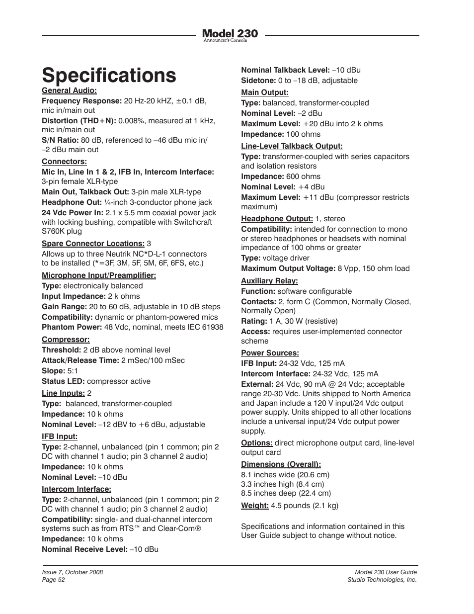 Specifications, Speciﬁcations | Studio Technologies 230 2008 User Manual | Page 52 / 55