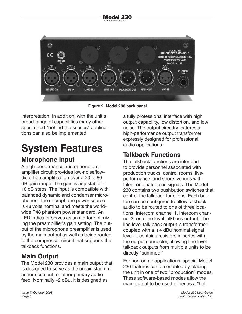 System features, Microphone input, Main output | Talkback functions | Studio Technologies 230 2008 User Manual | Page 6 / 55