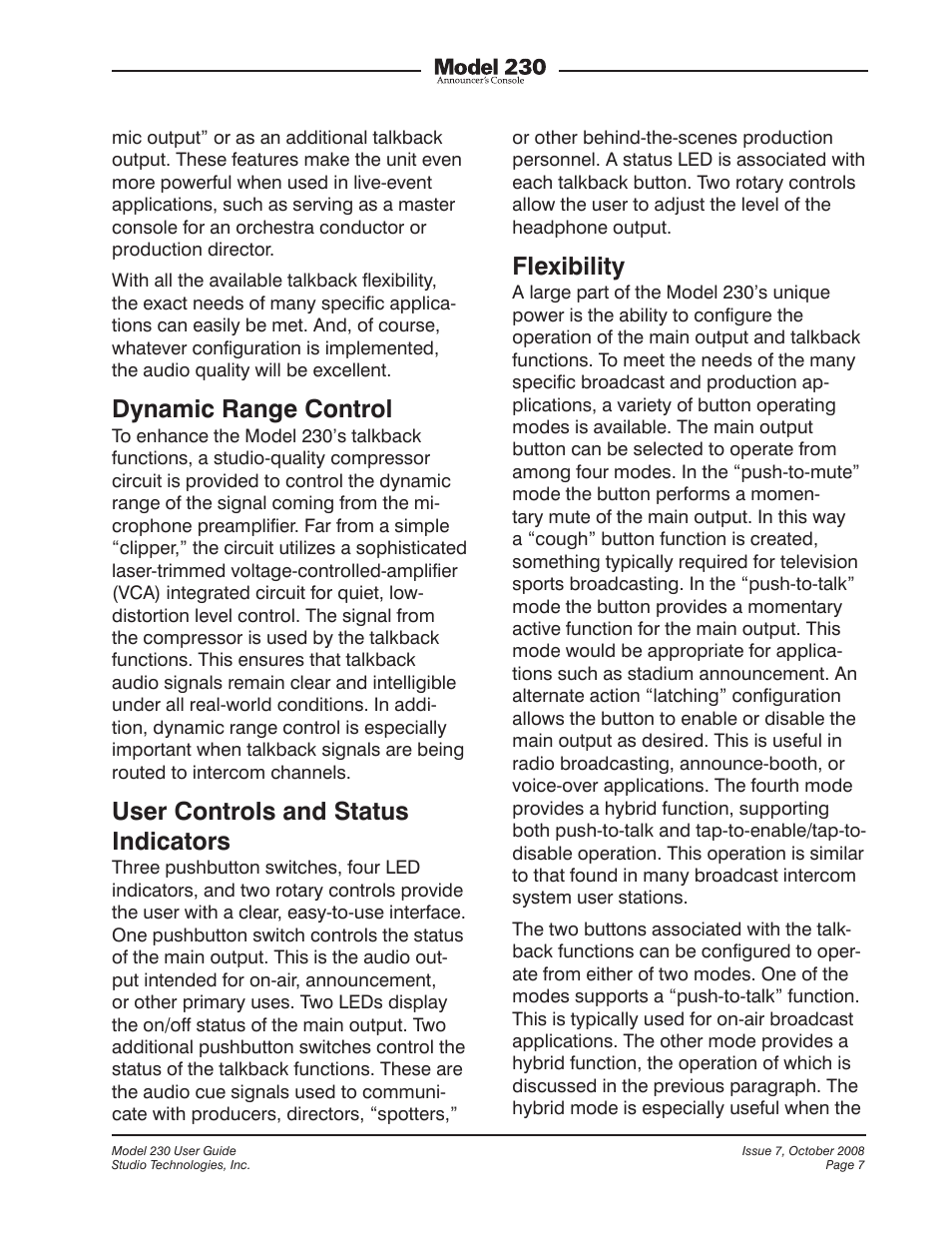 Dynamic range control, User controls and status indicators, Flexibility | Studio Technologies 230 2008 User Manual | Page 7 / 55