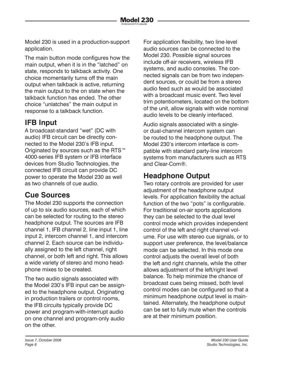 Ifb input, Cue sources, Headphone output | Studio Technologies 230 2008 User Manual | Page 8 / 55