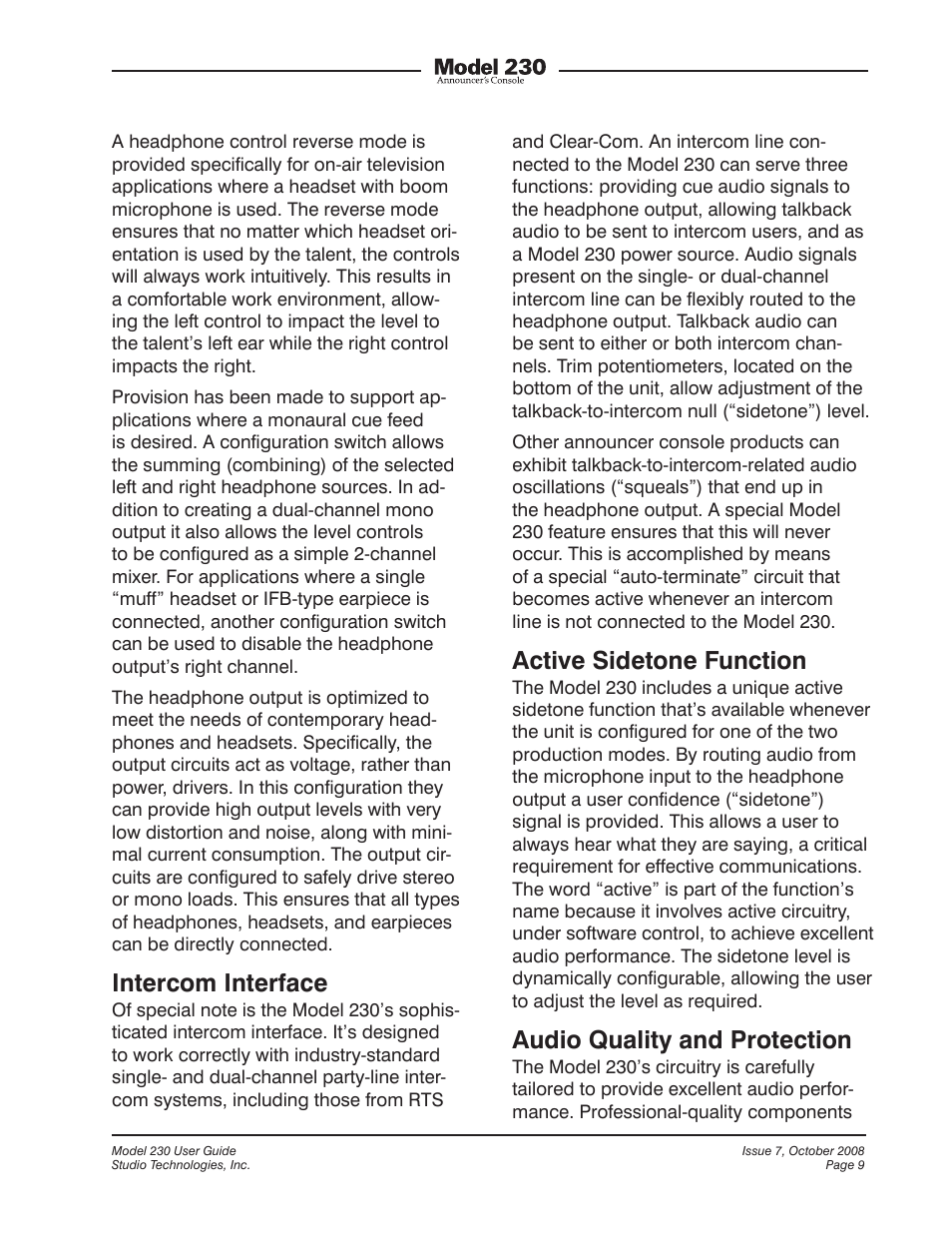 Intercom interface, Active sidetone function, Audio quality and protection | Studio Technologies 230 2008 User Manual | Page 9 / 55