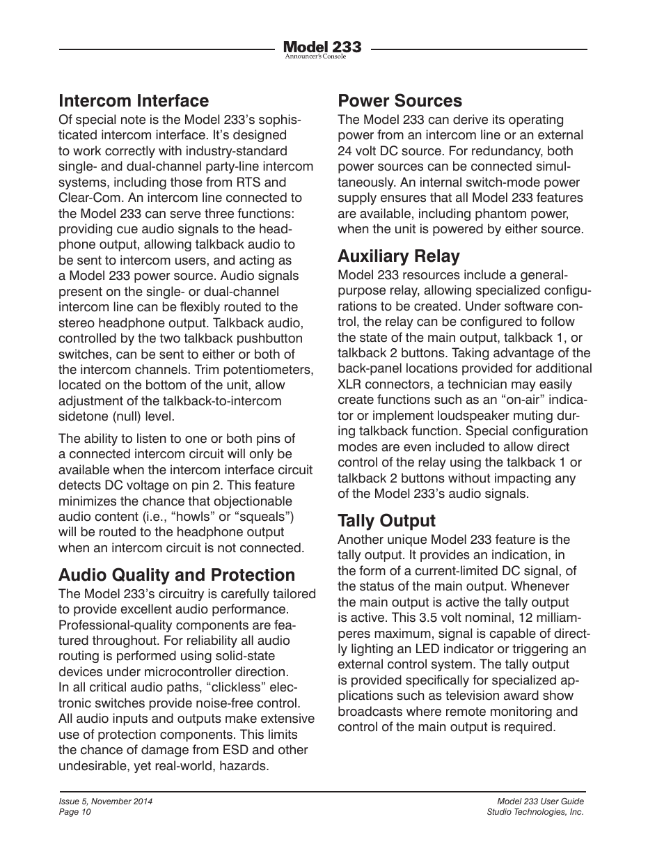 Intercom interface, Audio quality and protection, Power sources | Auxiliary relay, Tally output | Studio Technologies M233-01151 User Manual | Page 10 / 47