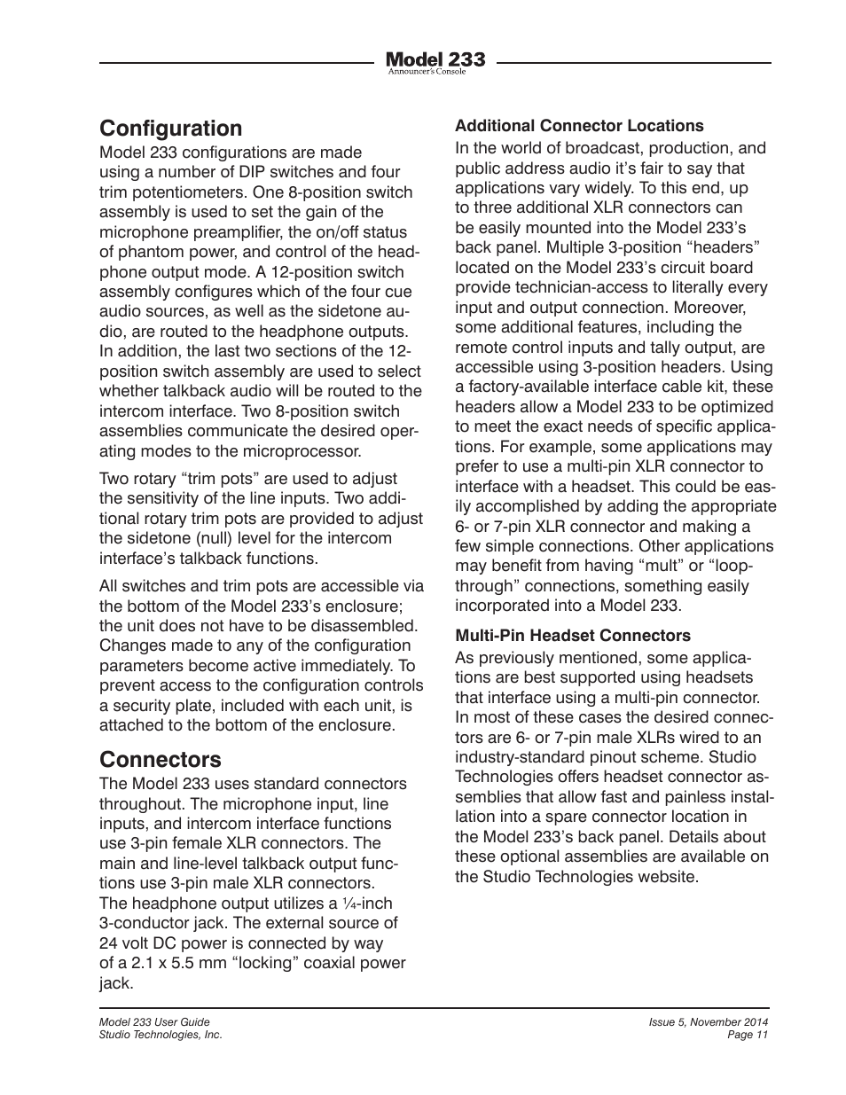 Conﬁguration, Connectors | Studio Technologies M233-01151 User Manual | Page 11 / 47