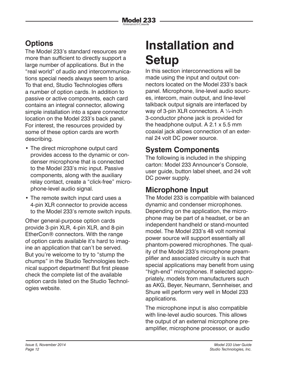 Installation and setup, Options, System components | Microphone input | Studio Technologies M233-01151 User Manual | Page 12 / 47