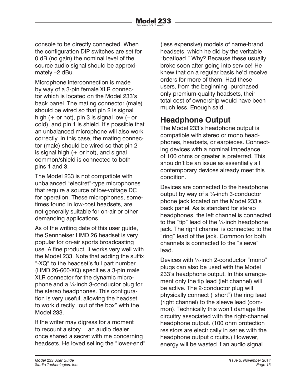 Headphone output | Studio Technologies M233-01151 User Manual | Page 13 / 47