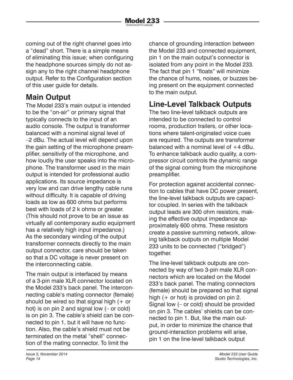 Main output, Line-level talkback outputs | Studio Technologies M233-01151 User Manual | Page 14 / 47