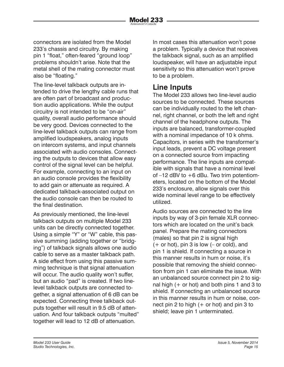 Line inputs | Studio Technologies M233-01151 User Manual | Page 15 / 47