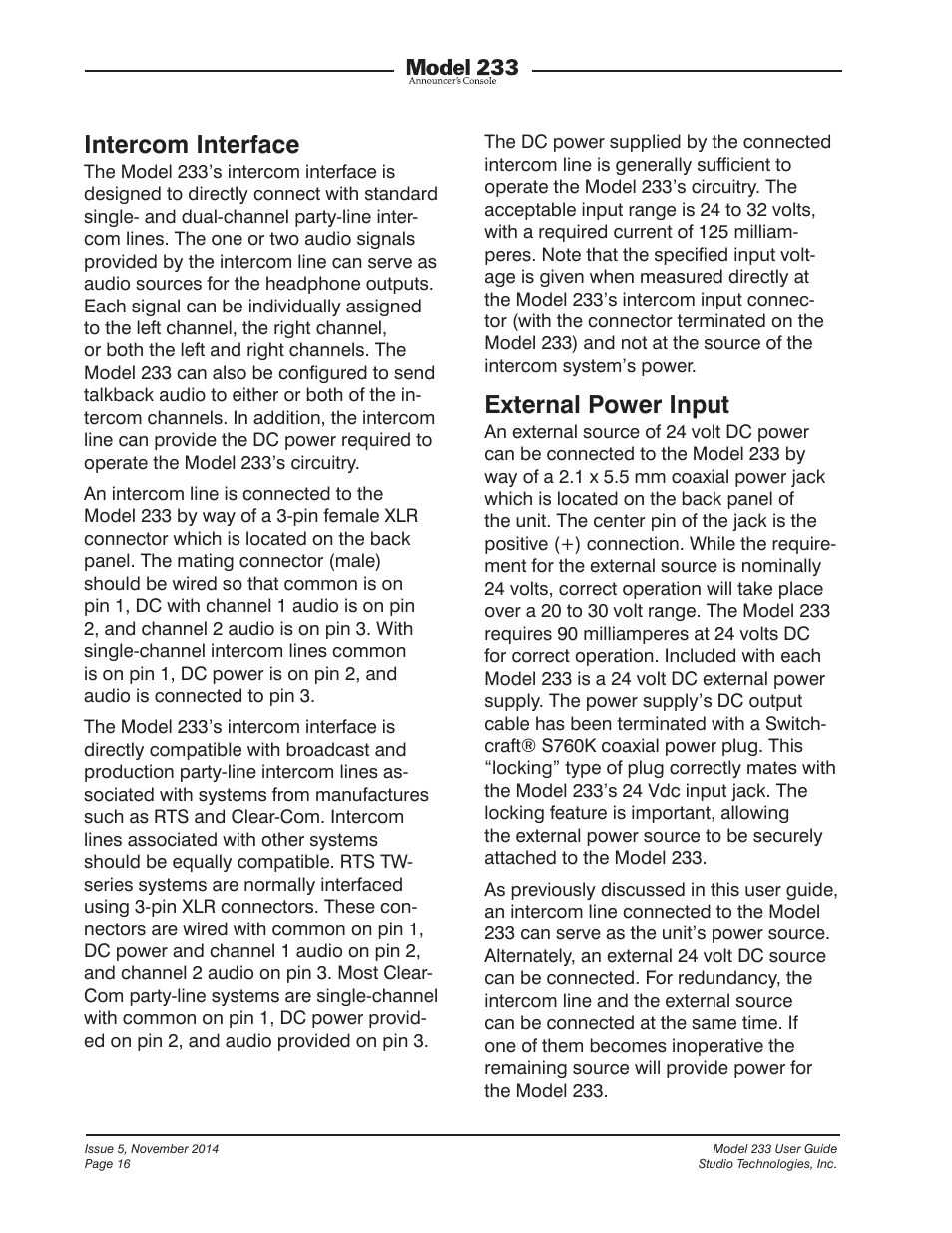Intercom interface, External power input | Studio Technologies M233-01151 User Manual | Page 16 / 47