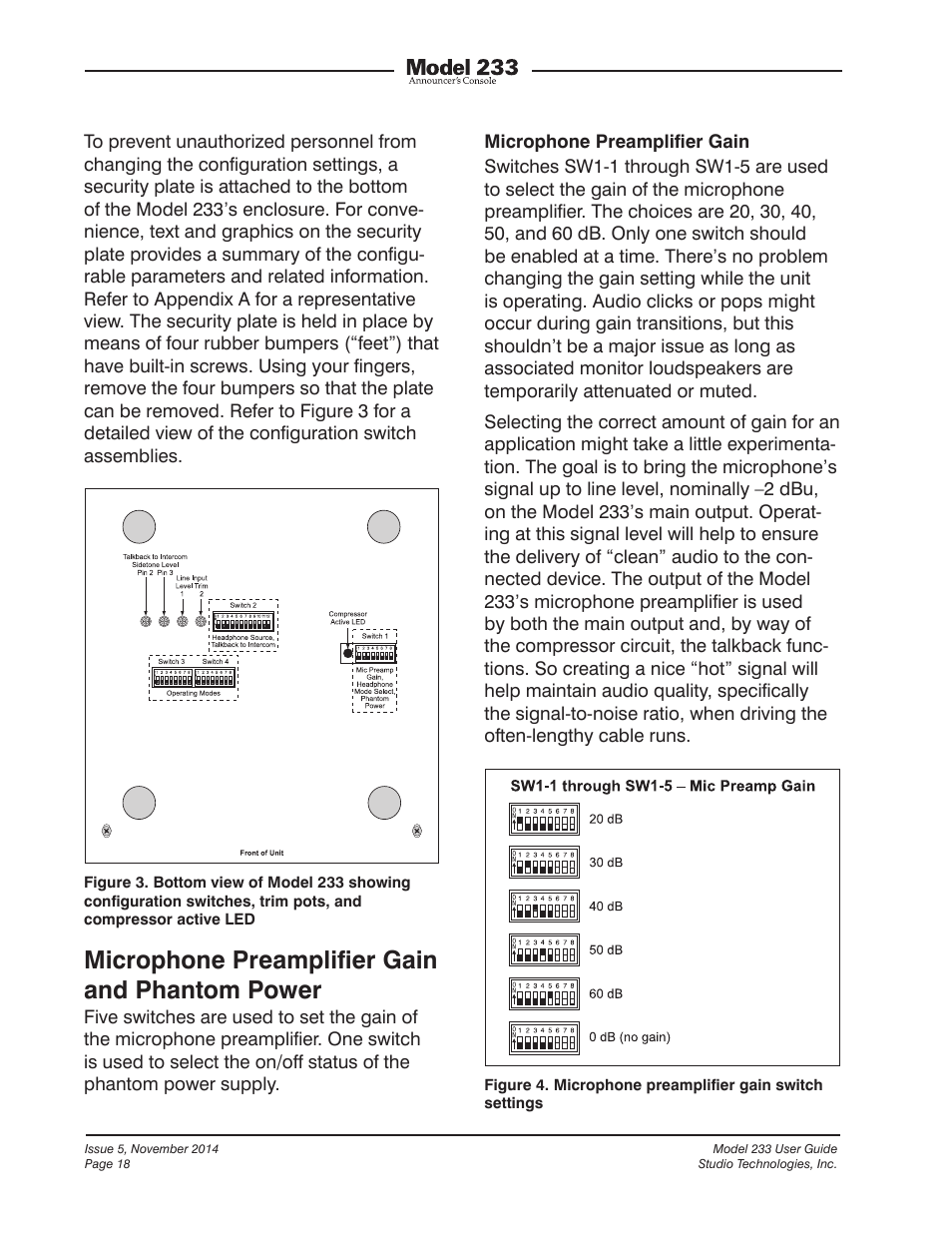 Microphone preampliﬁer gain and phantom power | Studio Technologies M233-01151 User Manual | Page 18 / 47