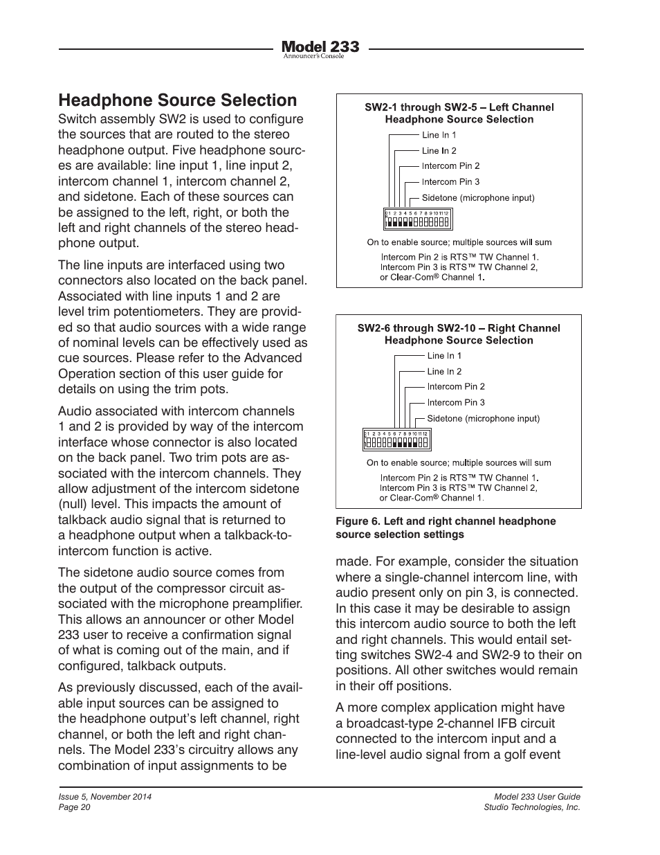 Headphone source selection | Studio Technologies M233-01151 User Manual | Page 20 / 47