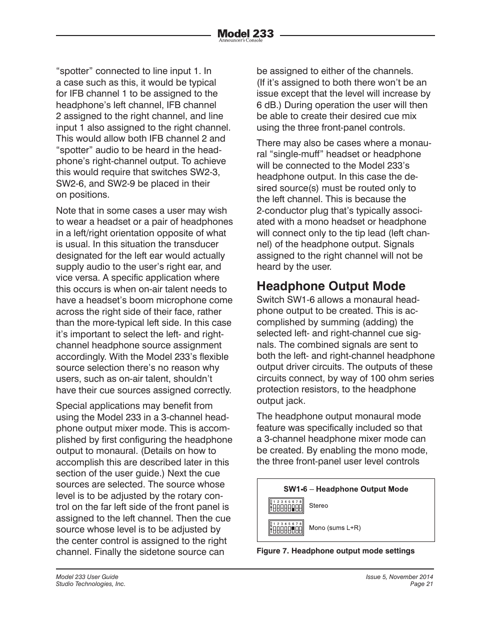 Headphone output mode | Studio Technologies M233-01151 User Manual | Page 21 / 47