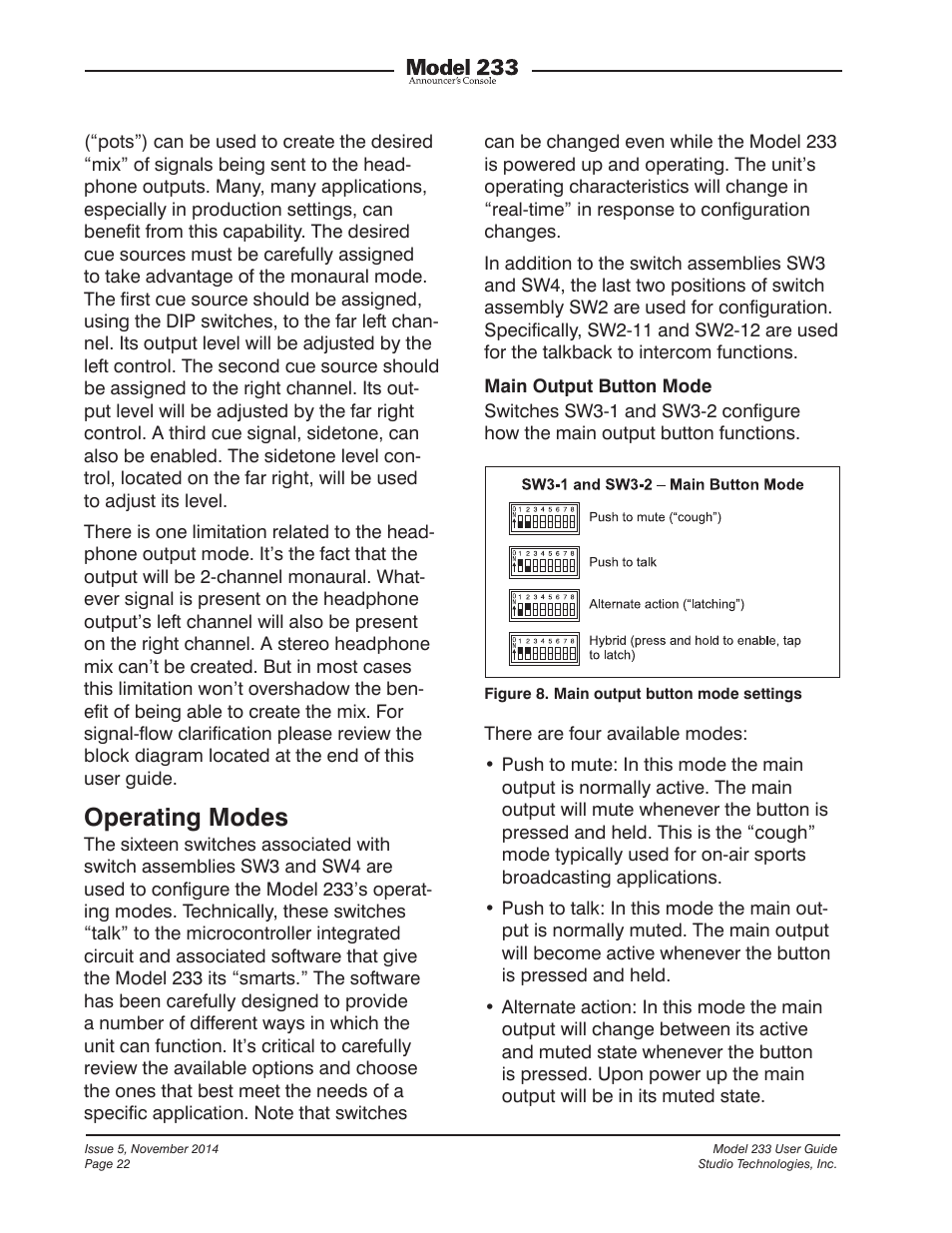 Operating modes | Studio Technologies M233-01151 User Manual | Page 22 / 47