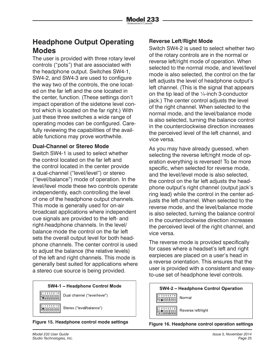 Headphone output operating modes | Studio Technologies M233-01151 User Manual | Page 25 / 47